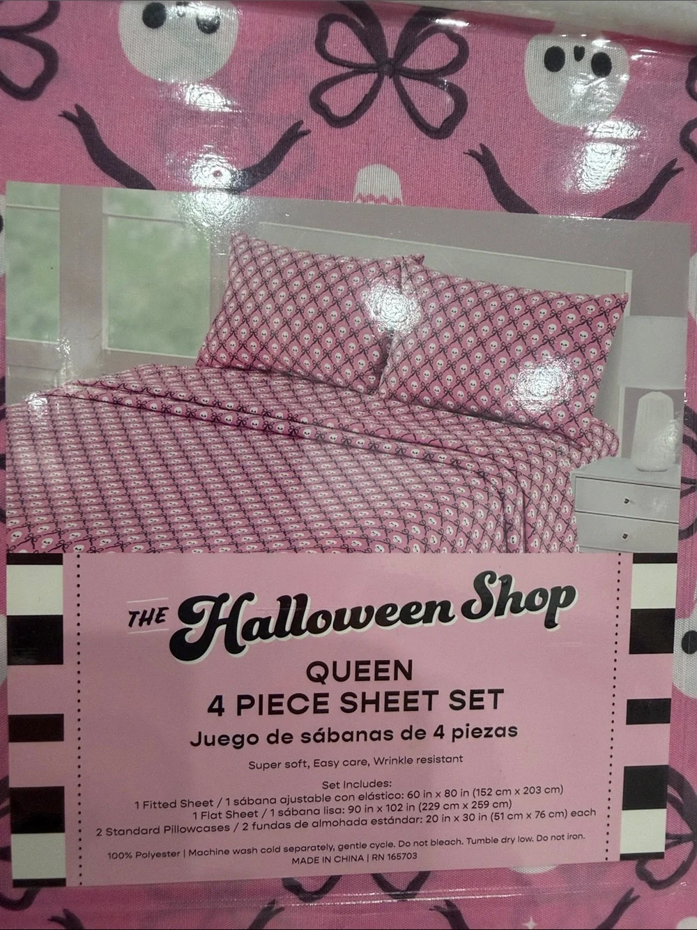 The Halloween Shop Queen 4-Piece Sheet Set - Pink Skull & Bow Print